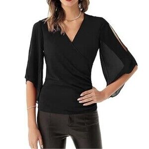 Grace Karin NWT Black Wrap Blouse 3/4 Cut Out Bell Sleeves Small Ruched Top